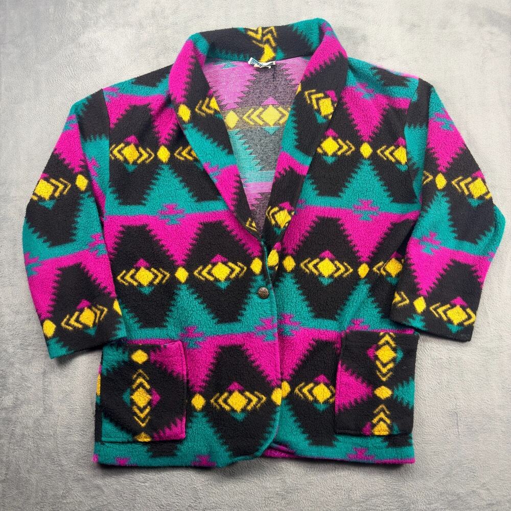 Vintage Village Fair Cardigan Fleece Sweater Women's XL Southwest Aztec Pockets - Picture 1 of 7